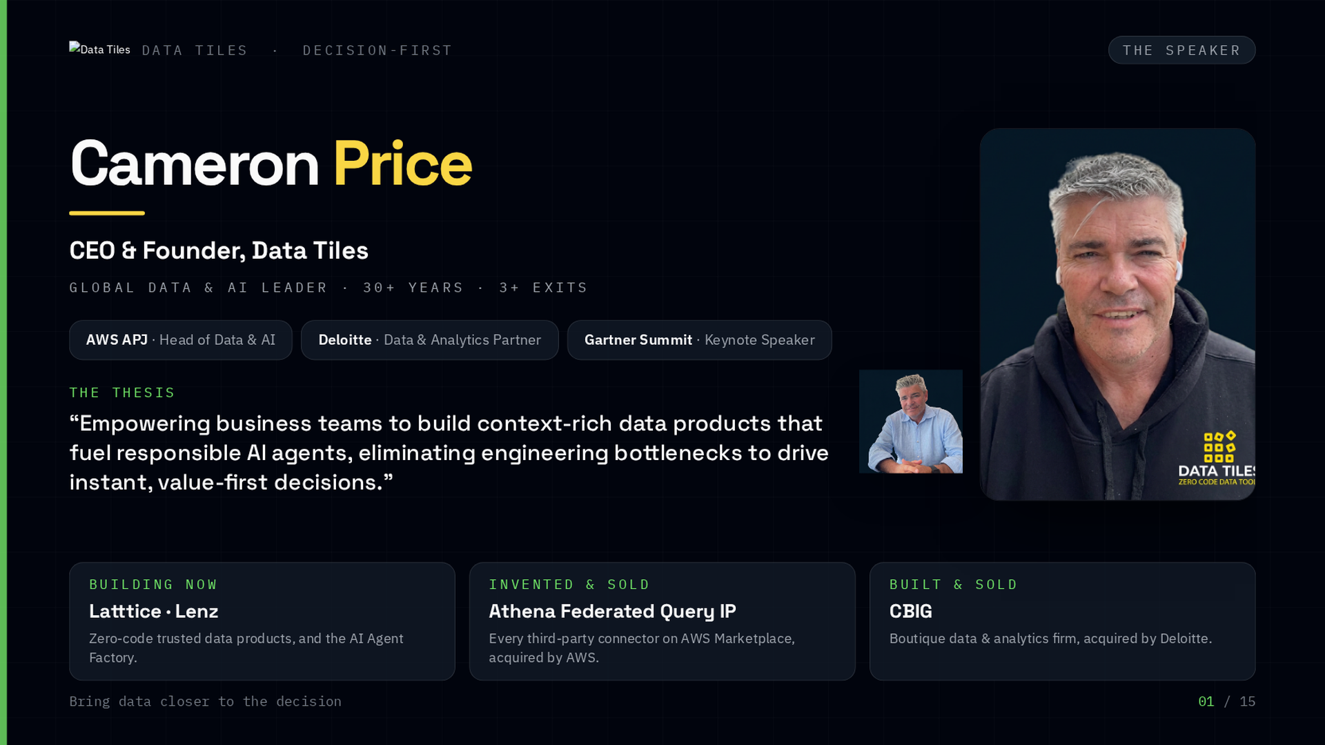 Original Antwerp presentation slide 1: Cameron Price, CEO & Founder, Data Tiles