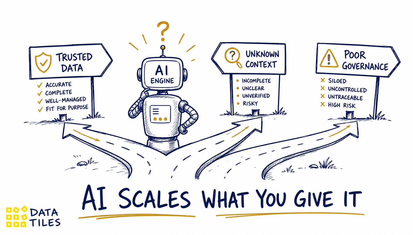 A sketched AI engine choosing between three signposted paths labelled Trusted Data, Unknown Context and Poor Governance, with the caption AI Scales What You Give It