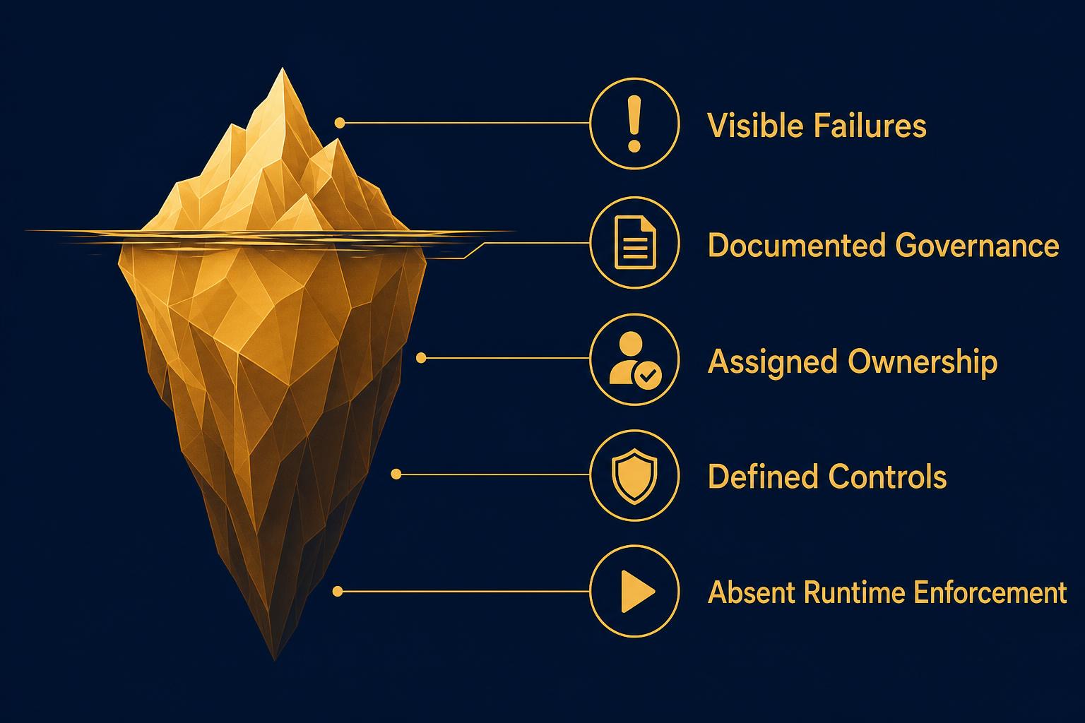 Iceberg: visible failures above the surface, documented governance, assigned ownership and defined controls below — yet runtime enforcement absent