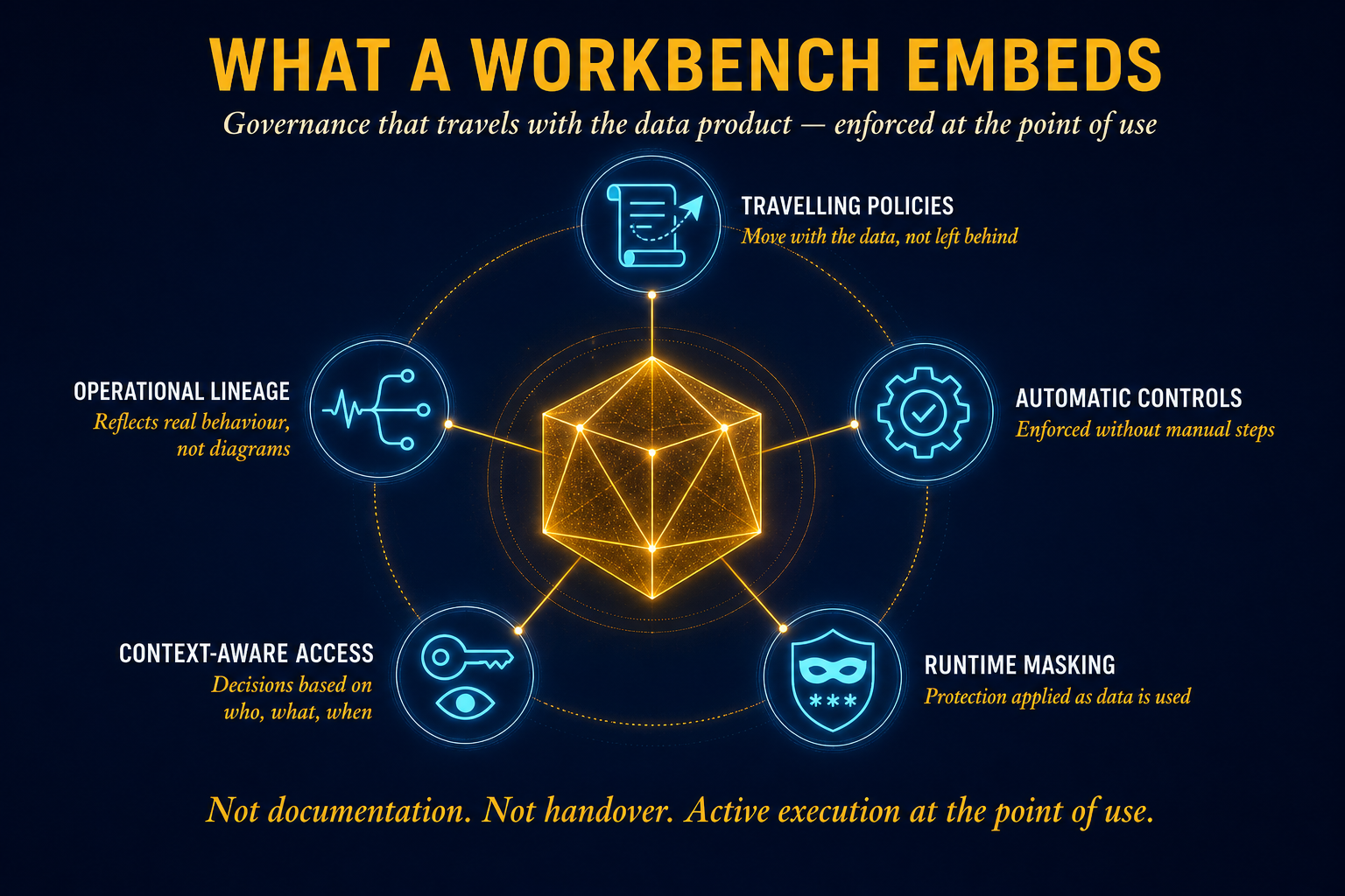 What a workbench embeds — travelling policies, automatic controls, runtime masking, context-aware access, operational lineage