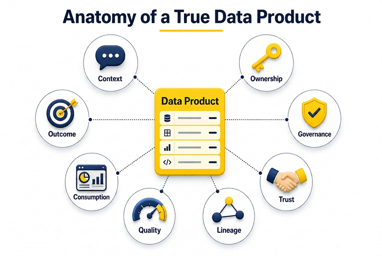 A data product surrounded by context, ownership, governance, trust, lineage, quality, consumption, and outcome