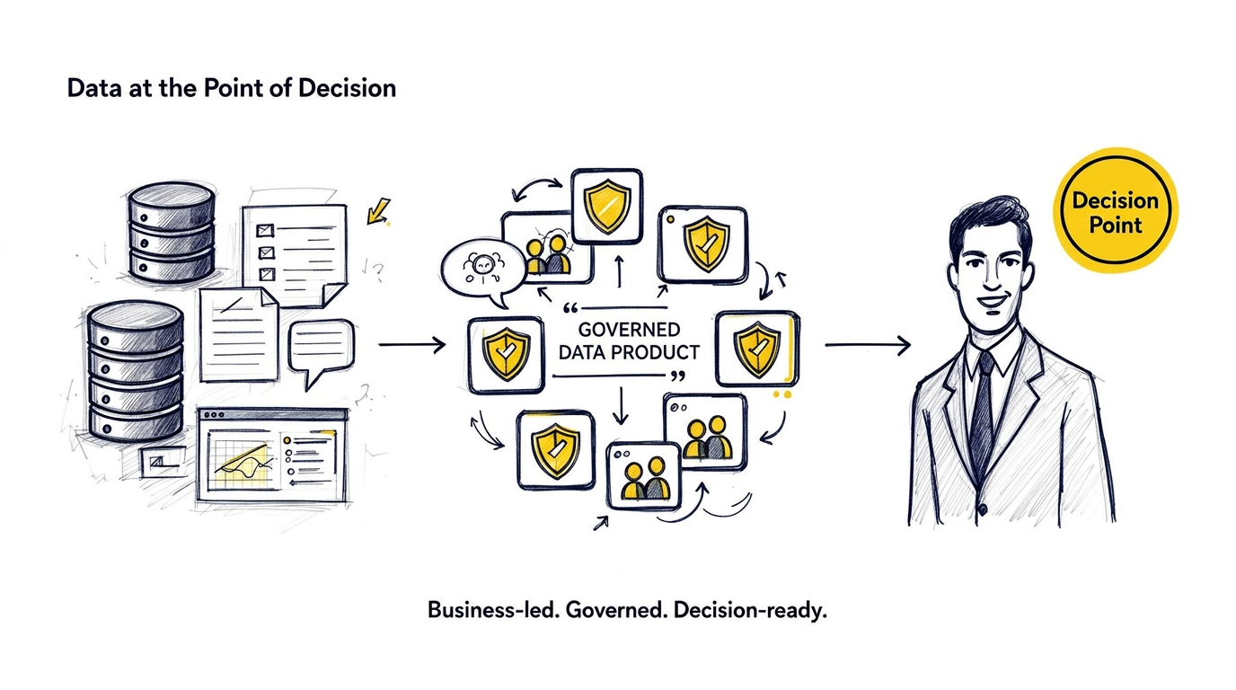 Doodle-style infographic showing data flowing from scattered sources through governed data products into a confident business decision
