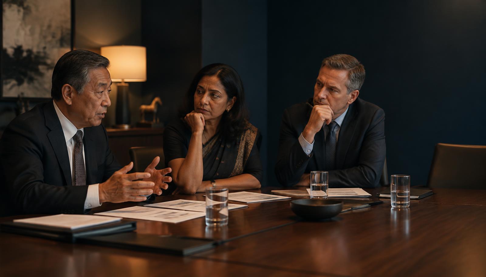 A small leadership group in a boardroom discussing business performance over printed reports