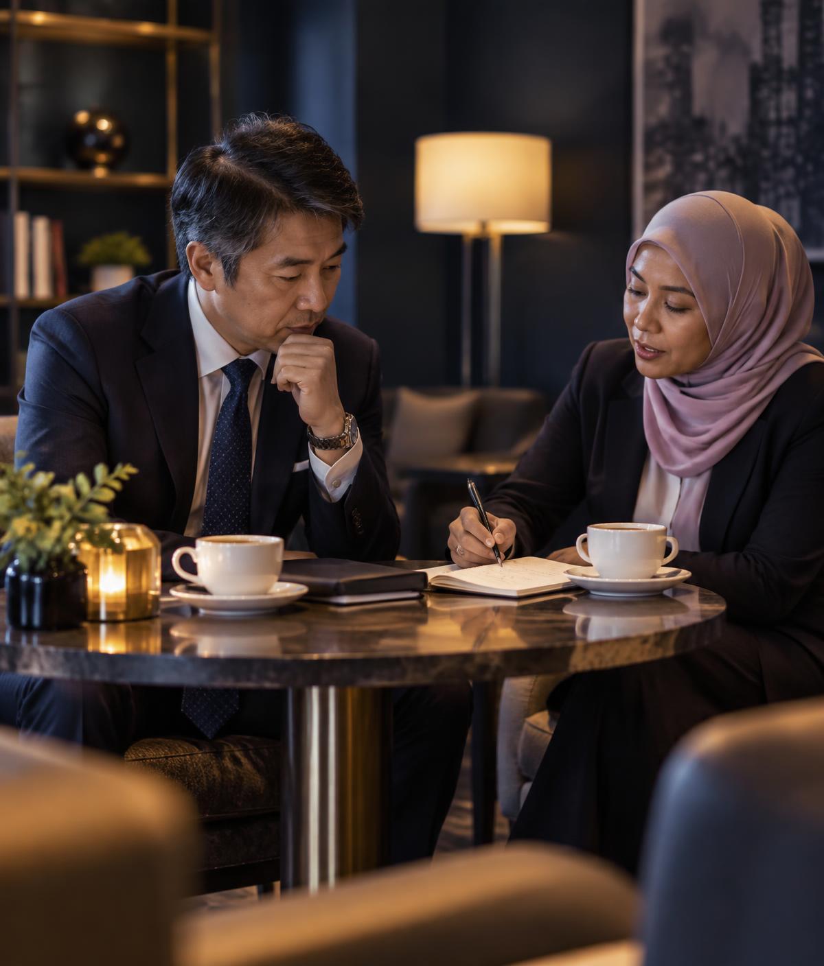 Two senior leaders working through a business decision together over coffee