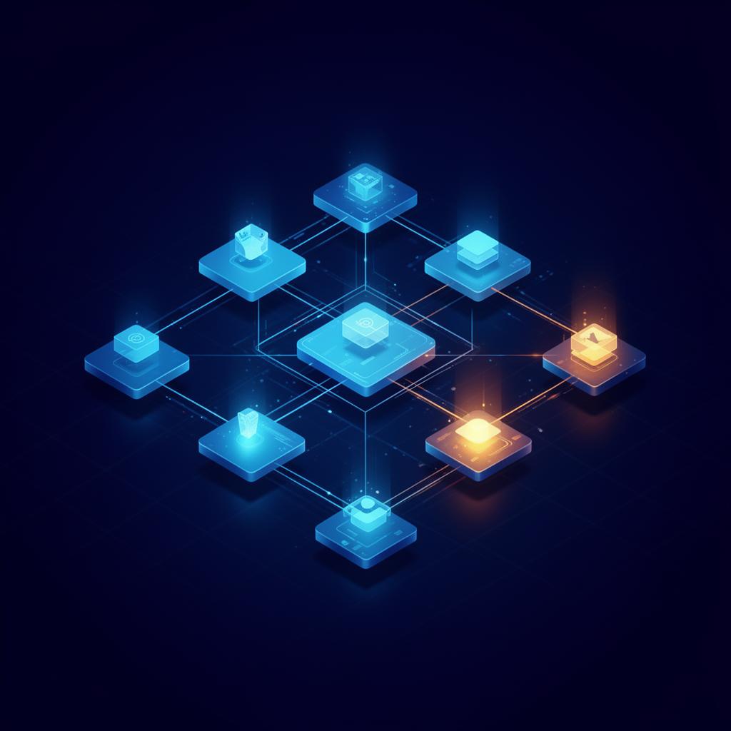 Isometric illustration of a distributed data mesh architecture with glowing connected nodes