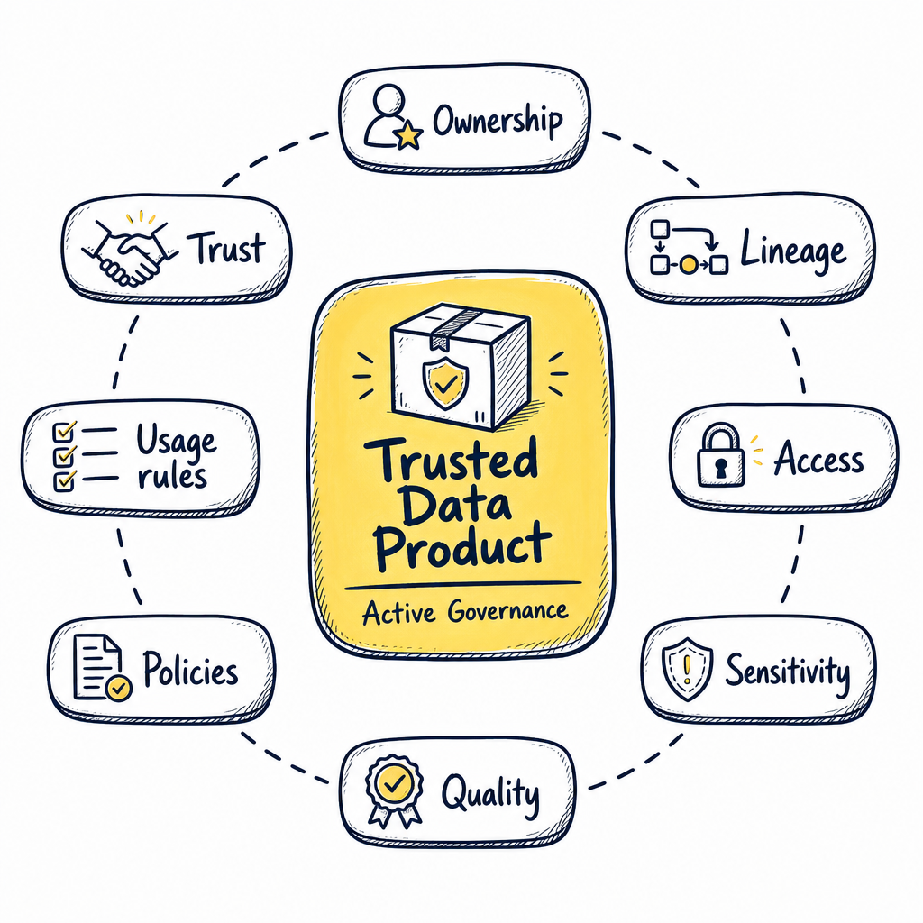 A trusted data product surrounded by eight active governance controls: ownership, lineage, access, sensitivity, quality, policies, usage rules, and trust.