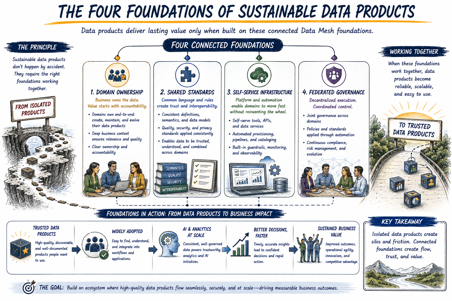 The Four Foundations of Sustainable Data Products: domain ownership, shared standards, self-service infrastructure, and federated governance shown as connected pillars bridging isolated products to trusted data products.
