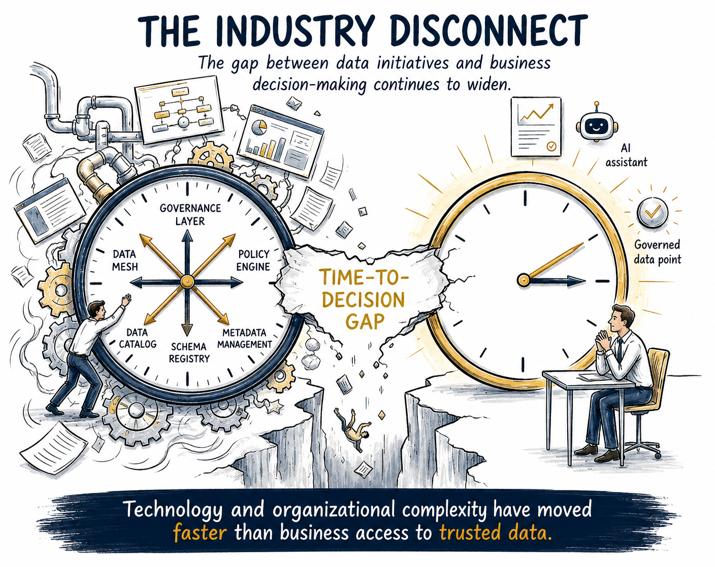 Illustration of the industry disconnect: a complex governance clock on one side and a simple AI-driven decision clock on the other, separated by a 'time-to-decision gap' chasm.