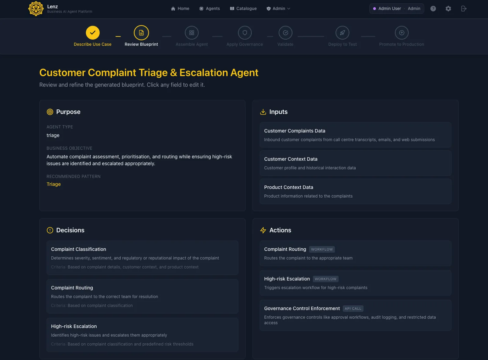 Lenz generated agent blueprint with purpose, inputs, decisions and actions