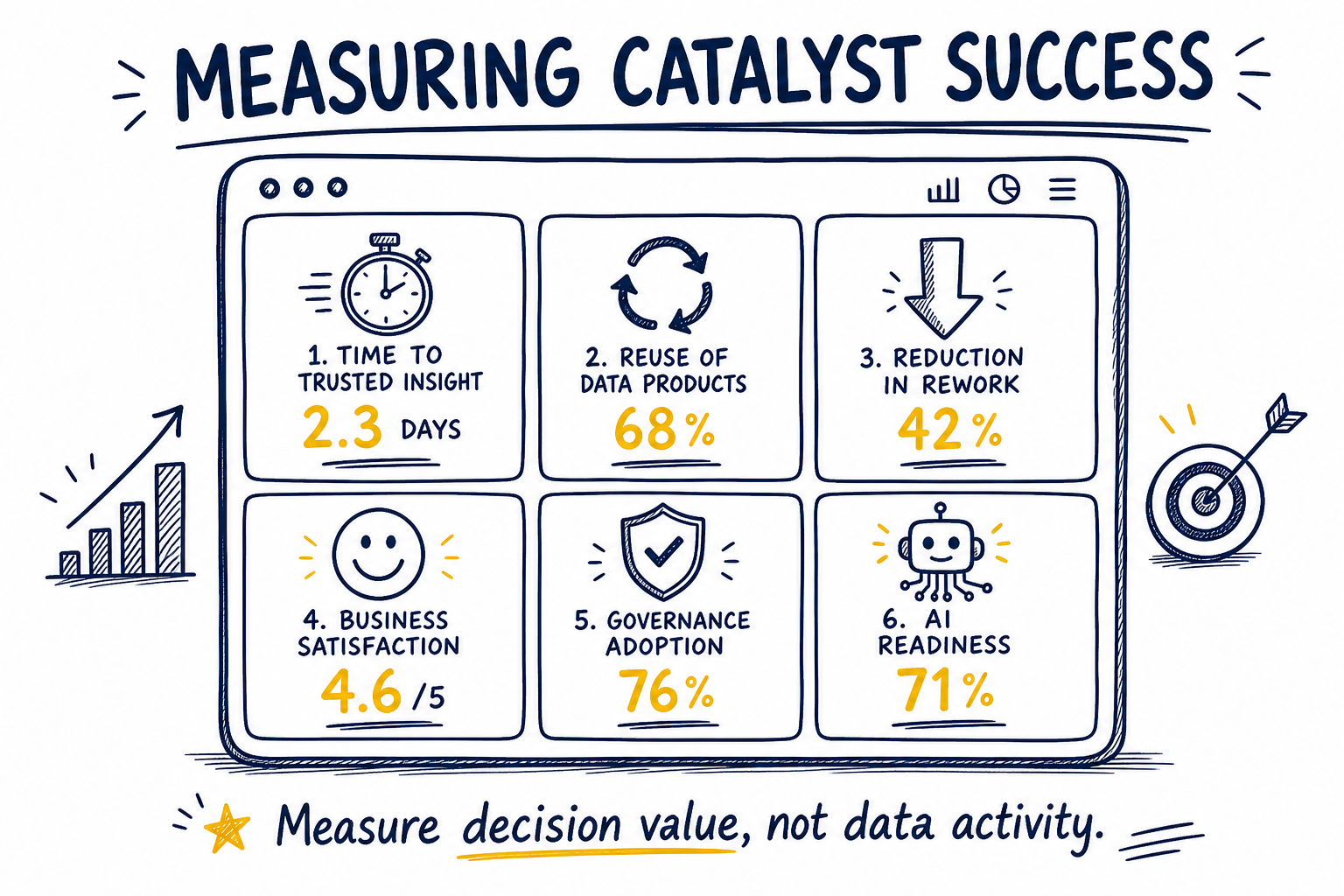A dashboard with six metric cards: time to trusted insight, reuse of data products, reduction in rework, business satisfaction, governance adoption, AI readiness.