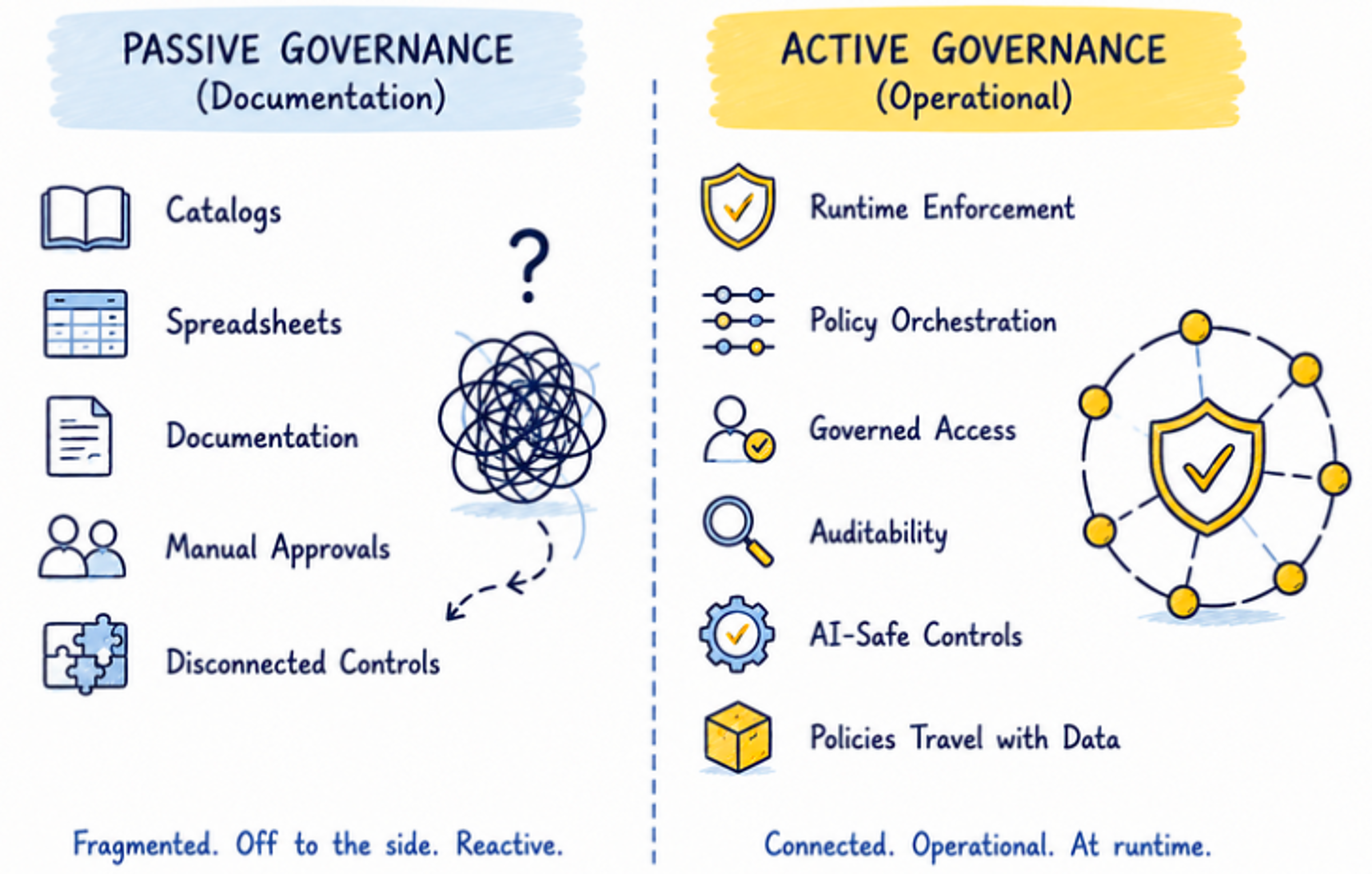 Passive Governance (catalogs, spreadsheets, documentation, manual approvals, disconnected controls) versus Active Governance (runtime enforcement, policy orchestration, governed access, auditability, AI-safe controls, policies travel with data).